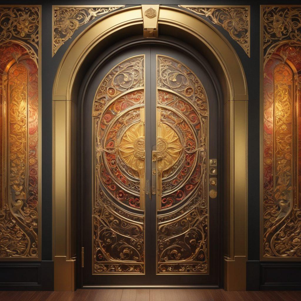 A mysterious and alluring vault door slightly ajar, with seductive shadows spilling out, revealing glimpses of colorful and artistic hentai illustrations inside. The surroundings should have an air of intrigue with soft lighting to accentuate the curves and forms in the vault's contents, inviting the viewer to explore. Include subtle elements of opulence like gold accents and plush textures. 3D, vibrant colors, cinematic lighting.