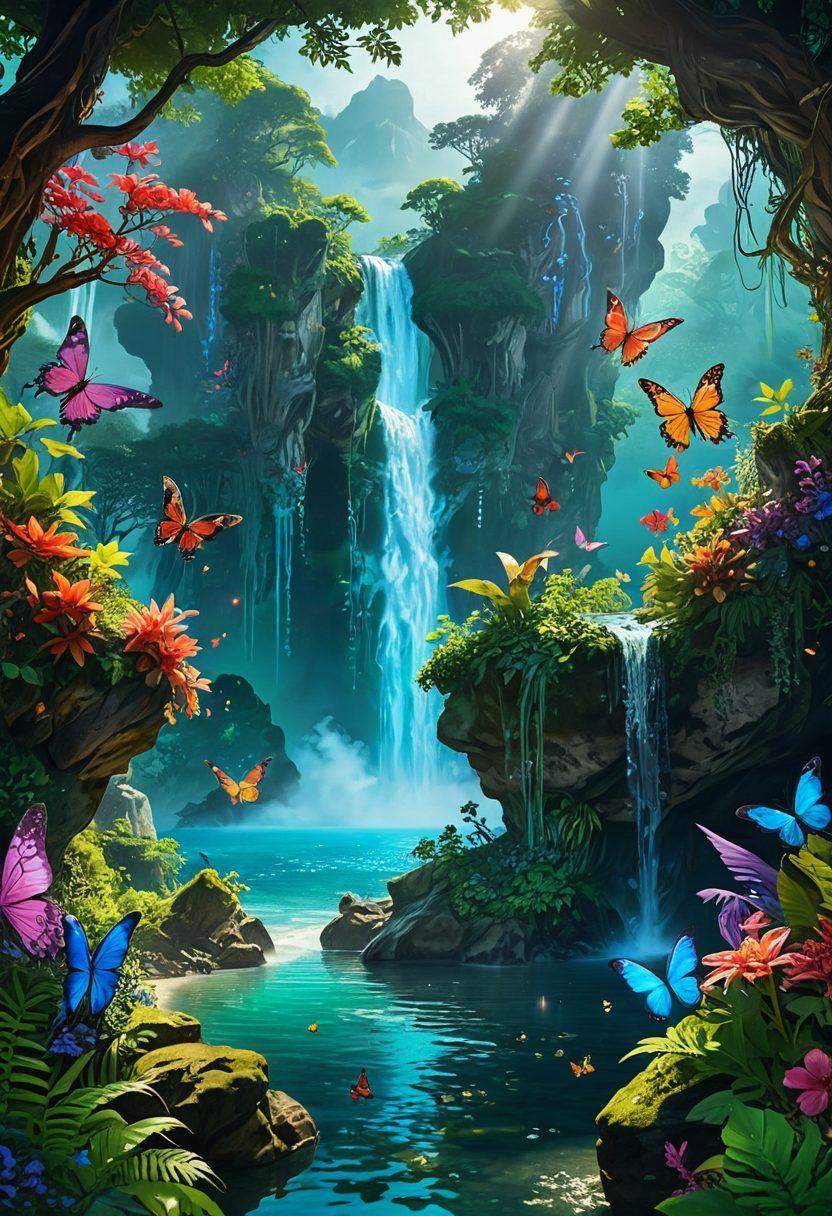 A whimsical depiction of a vibrant and colorful fantasy world filled with exotic creatures and enchanting landscapes. Showcase an alluring character in an intricate outfit, surrounded by fantastical elements like floating islands and sparkling waterfalls. Include subtle hints of mystery to evoke curiosity. The atmosphere should feel playful yet intriguing, inviting viewers to dive into a secret world of exploration. bright colors. anime style. 3D.